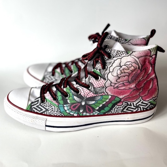 Converse Chuck Taylor All Star Canvas Rose Tattoo Butterly Hi-Top Sneakers - Picture 2 of 8